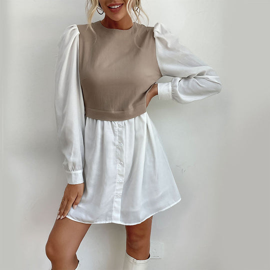 Damen Blusenkleid mit Puffärmeln und tailliertem Oberteil EB