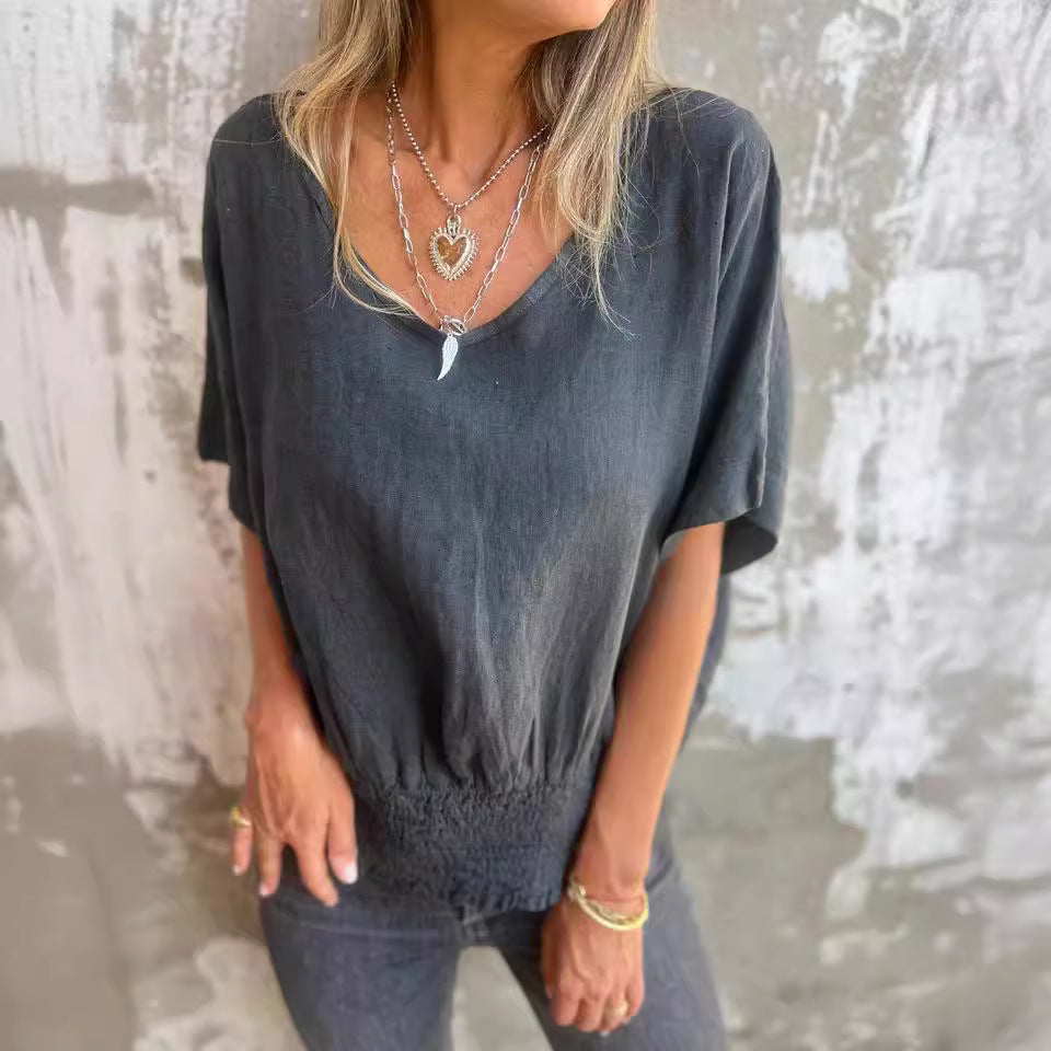 Damen lässige Oversize Bluse mit elastischem Bund EB