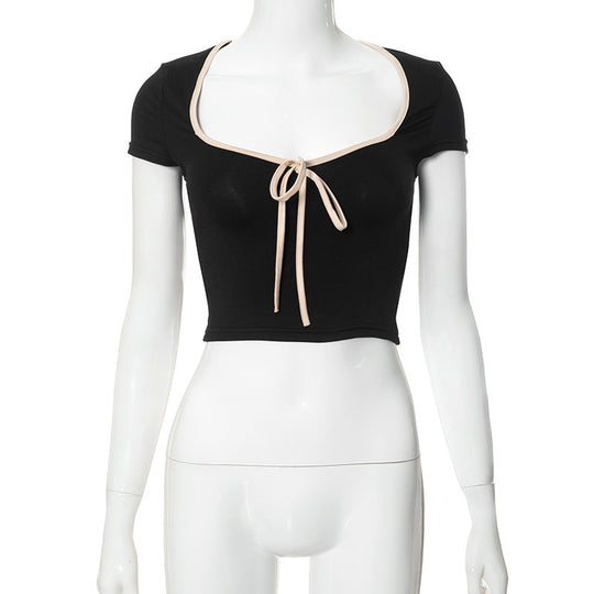 Damen cropped T-Shirt mit dekorativem Bindeband EB