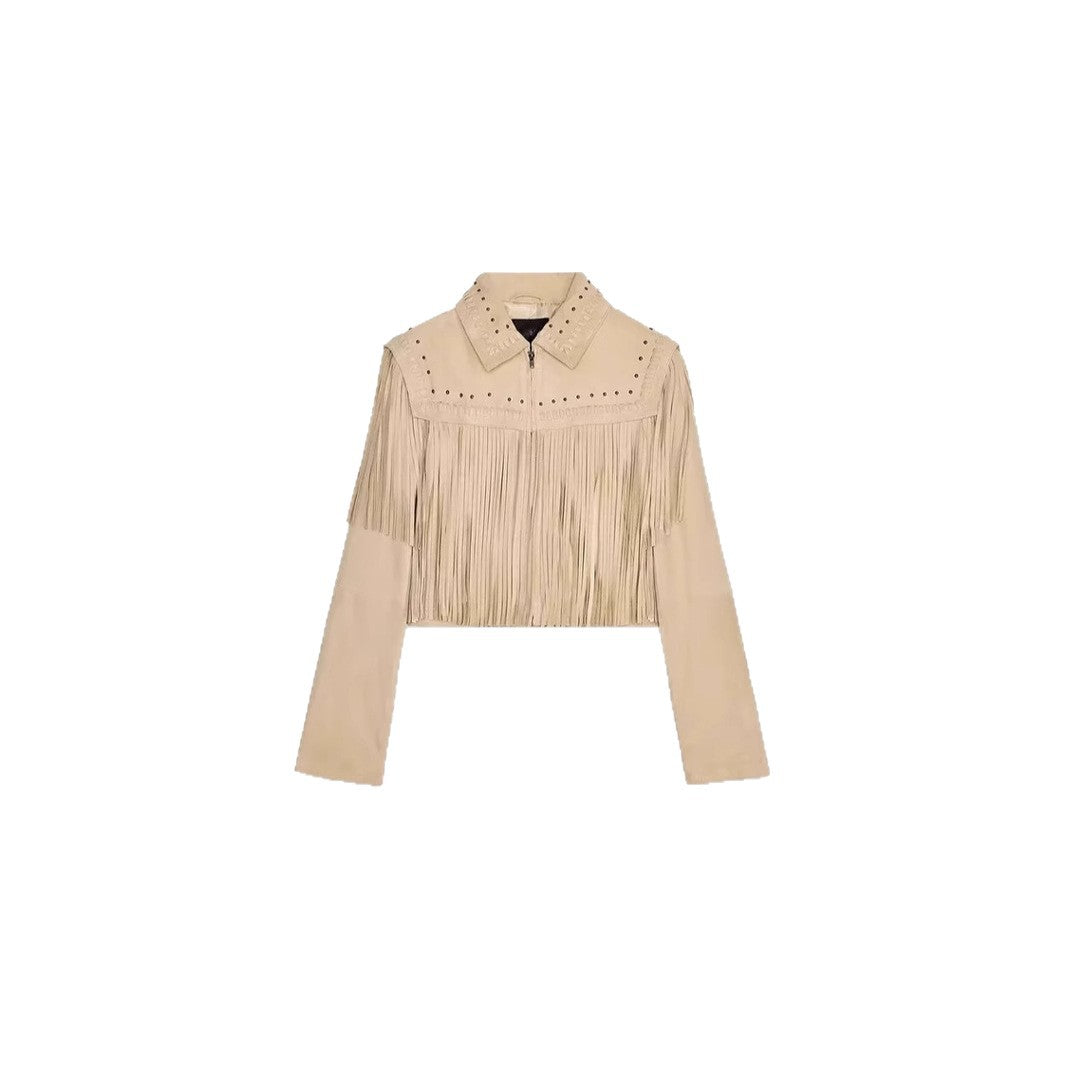 Damen modische Fransenjacke mit steinverziertem Kragen EB