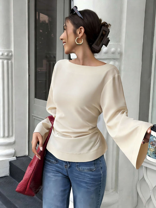 Damen elegantes Oberteil mit weitem Ärmel und schickem Bund EB