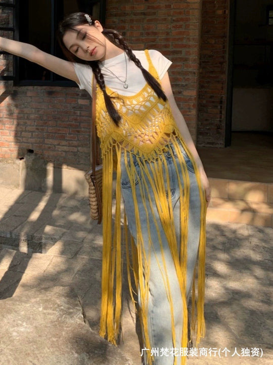 Damen Boho Chic Maxi-Kleid mit Fransen und gehäkeltem Oberteil EB