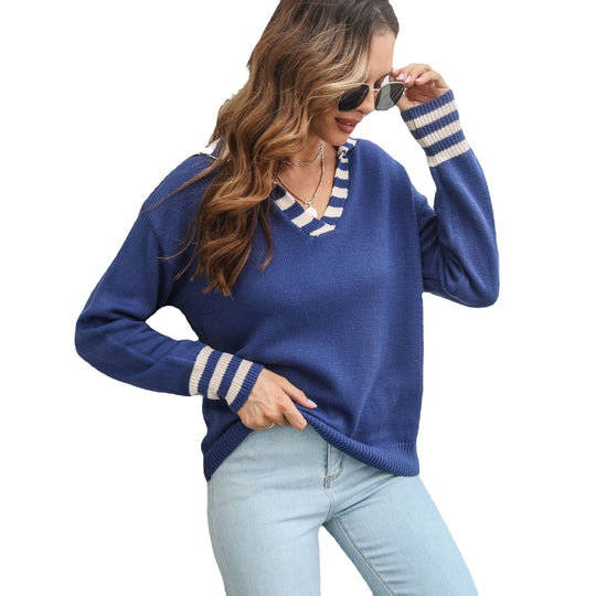 Damen Lässiger Pullover mit V-Ausschnitt und gestreiften Ärmelabschlüssen EB