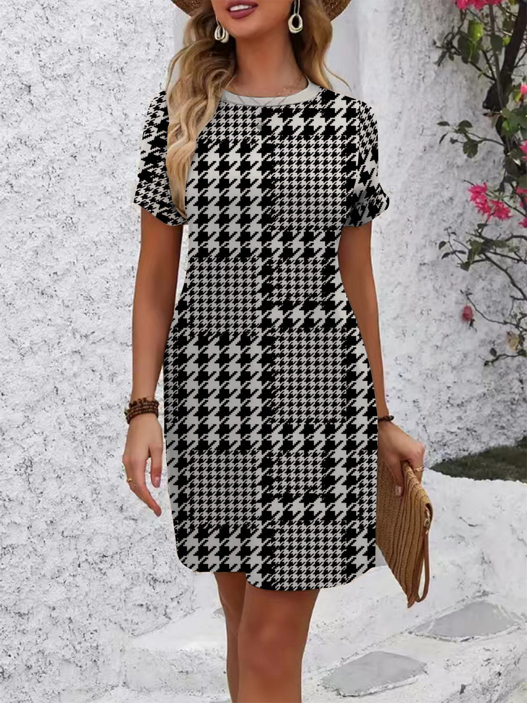 Damen lässiges Kurzarmkleid mit modernem Hahnentrittmuster und bequemer Passform EB