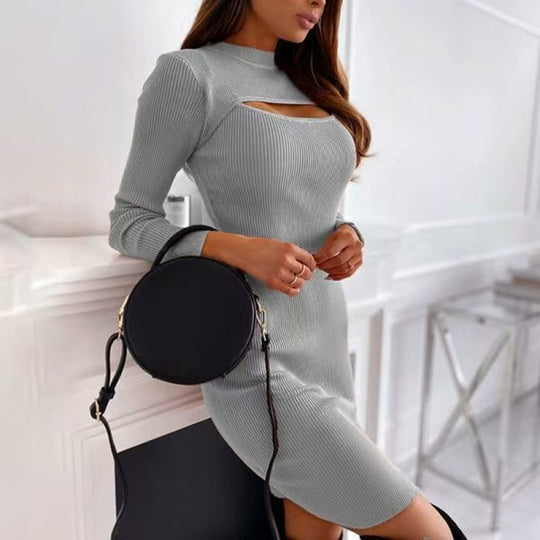 Damen Figurbetontes Rippstrick-Kleid mit Cut-Out am Dekolleté EB