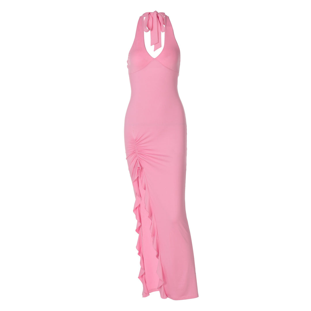 Damen elegantes Maxikleid mit tiefem V-Ausschnitt und seitlichem Schlitz EB