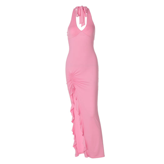 Damen elegantes Maxikleid mit tiefem V-Ausschnitt und seitlichem Schlitz EB