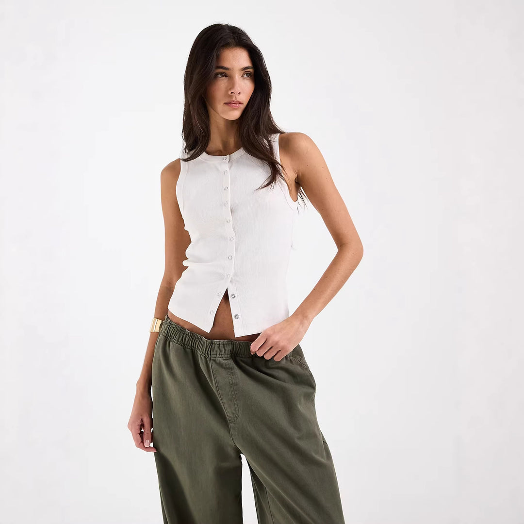 Damen Ärmelloses Rippenshirt mit durchgehender Knopfleiste EB