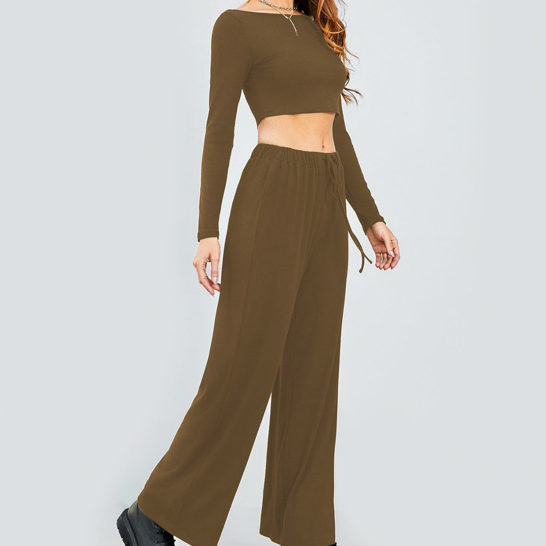 Damen Cropped Oberteil und Weite Hose Set EB