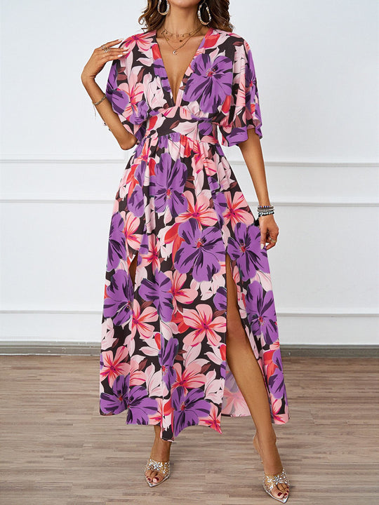 Damen Voluminöses Maxikleid mit floralem Design und tiefem V-Ausschnitt EB