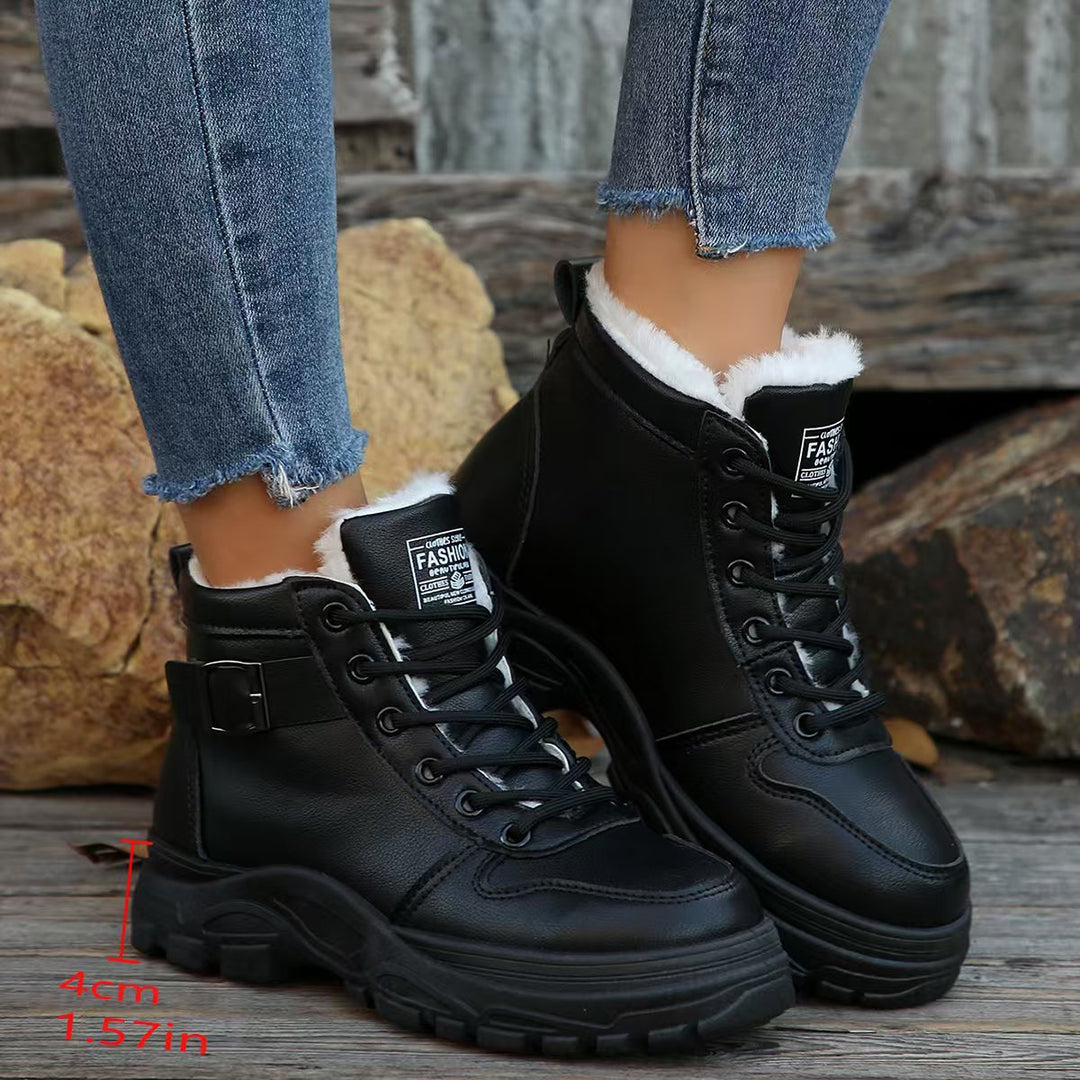 Damen  gefütterte Plateau-Schnürstiefelette mit dekorativer Metallschnalle und profilierter Gummilaufsohle EB