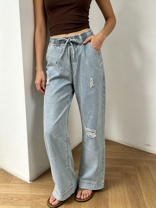 Damen nan weite Denimhose mit elastischem Kordelbund, Used-Effekten und lockerer Passform EB