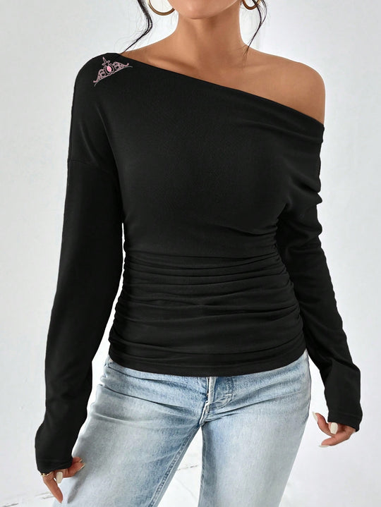 Damen Off-Shoulder Langarmshirt mit Raffung EB