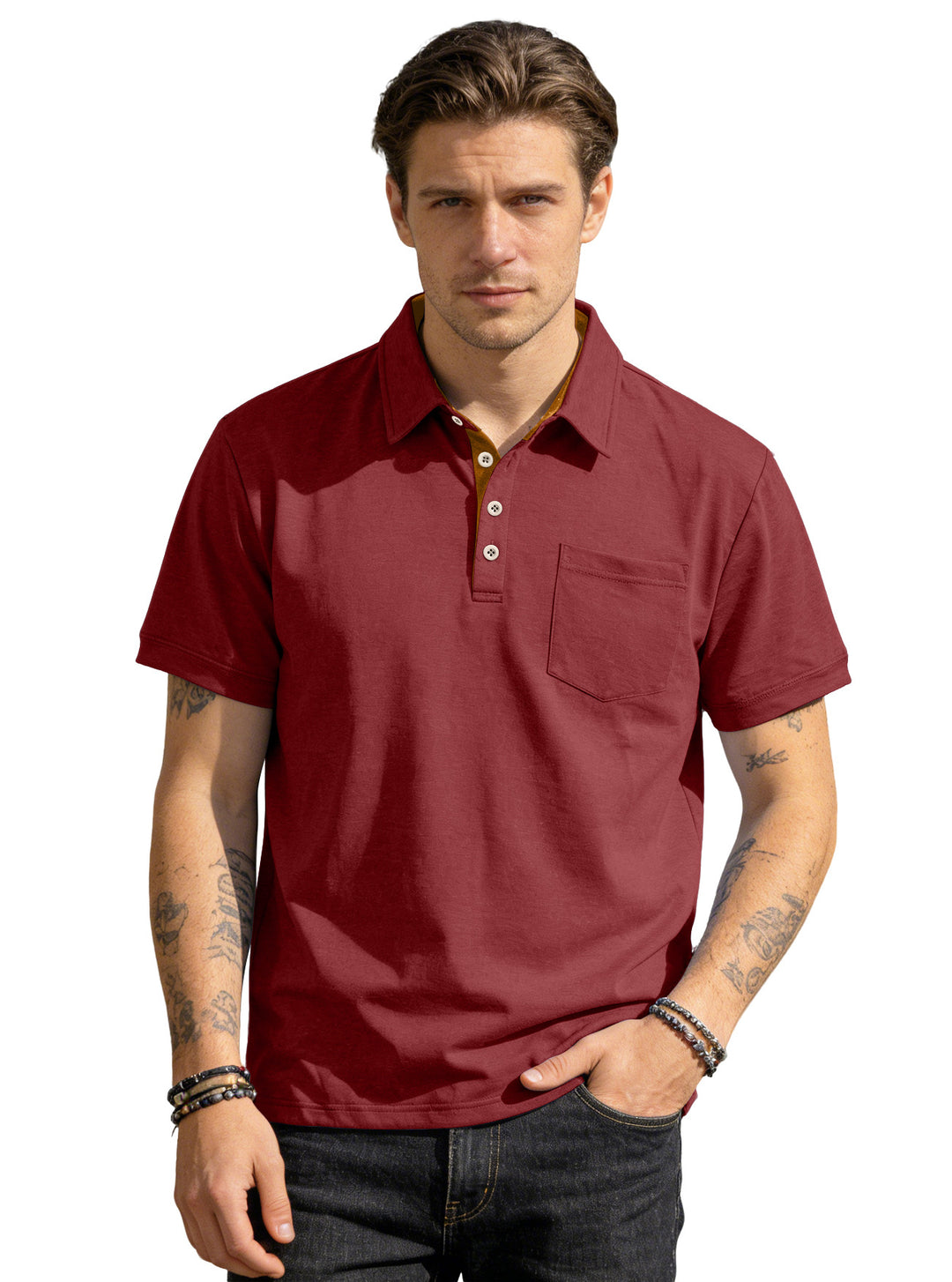 Herren nan Kurzarm-Polokragen-Shirt aus texturiertem Jersey mit Brusttasche und kontrastierter Knopfleiste EB