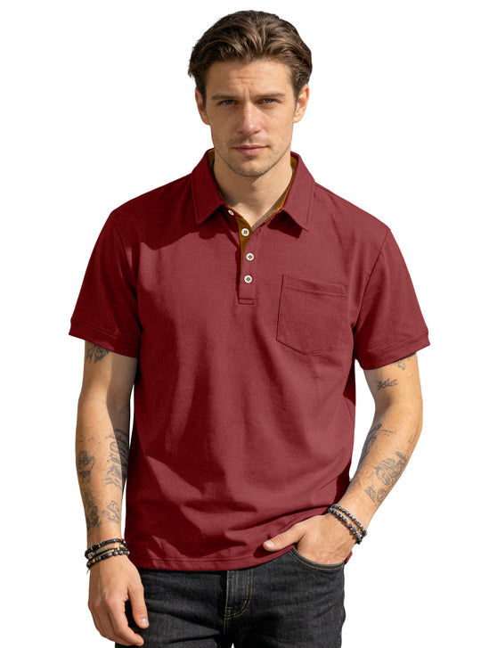 Herren nan Kurzarm-Polokragen-Shirt aus texturiertem Jersey mit Brusttasche und kontrastierter Knopfleiste EB