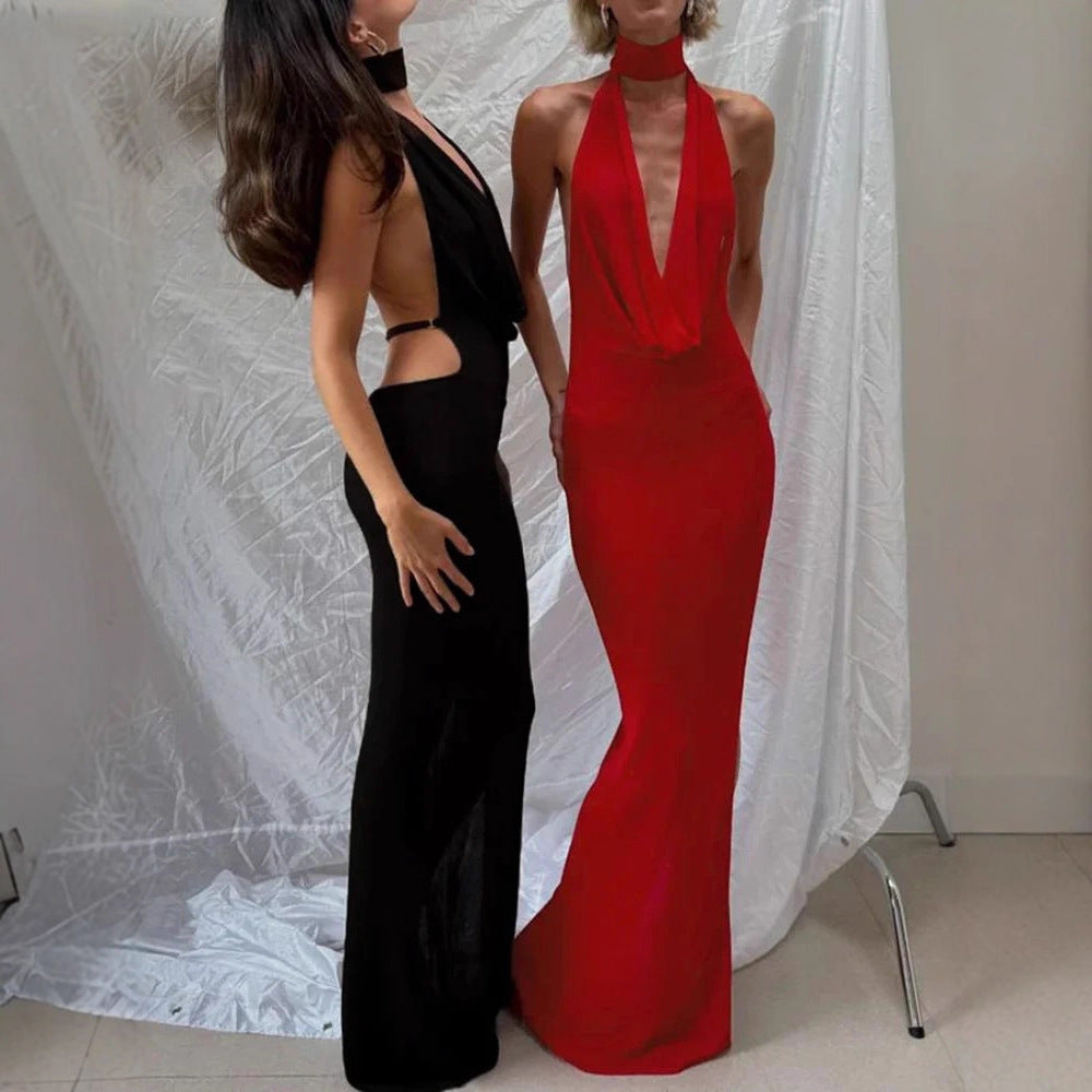 Damen Maxikleid mit elegantem Wasserfallausschnitt und figurbetontem Design EB
