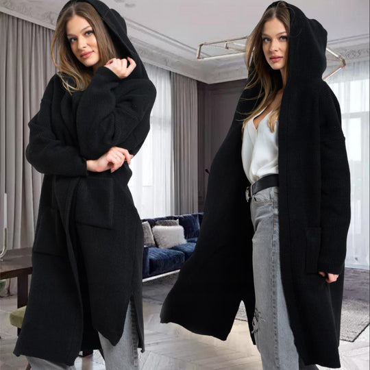 Damen Strickmantel mit Kapuze und großen Taschen EB