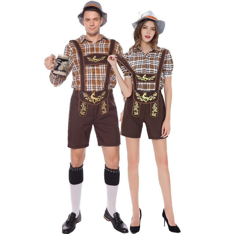 Damen nan kurze Trachten-Latzhose mit bestickten Trägern und kariertem Blusen-Set EB