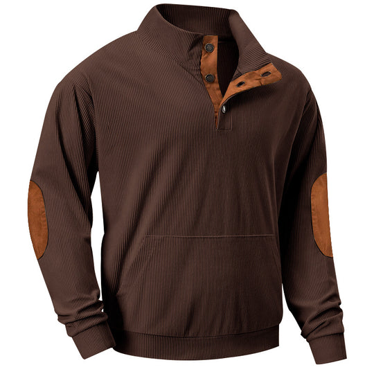 Herren nan geripptes Stehkragen-Pullover mit Knopfleiste, Kängurutasche und Wildleder-Ellenbogenpatches EB