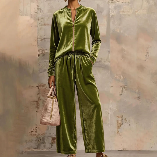 Damen nan samtiges Lounge-Set mit Stehkragen Reißverschlussoberteil und Kordelbundhose EB