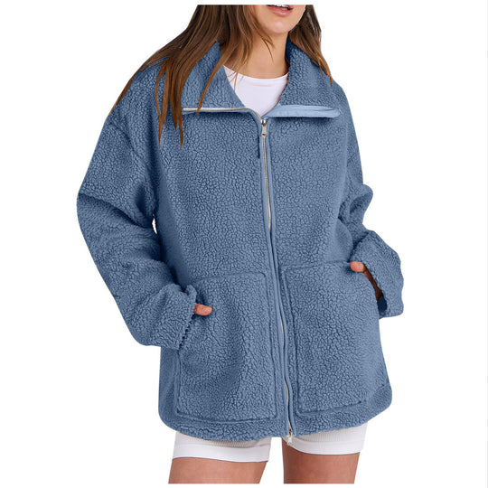 Damen nan oversized Teddyfelljacke mit Stehkragen Reißverschluss und aufgesetzten Taschen EB