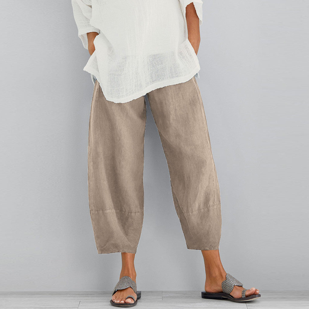Damen nan weit geschnittene Leinenhose mit Tulpen-Saum und elastischem Bund EB