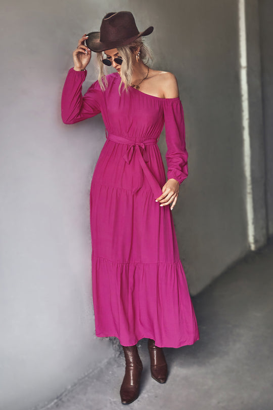 Damen Langarm Maxikleid mit asymmetrischem Schnitt und tailliertem Gürtel EB