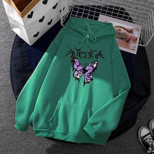 Damen nan leichter Oversize Kapuzenpullover mit Herz‑EKG‑Motiv, langen Kordeln und elastischem Bund EB