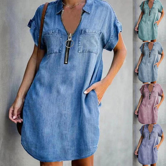 Damen Jeanshemdkleid mit praktischen Taschen und modernem Reißverschluss EB