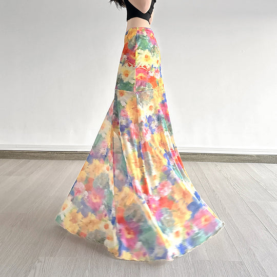 Damen Maxi-Rock mit floralem Chiffon-Design und schwingendem Saum EB