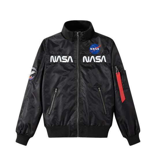 Men's  retro space-logo nylon zip bomber with angled zip pockets and utility sleeve tab EB
