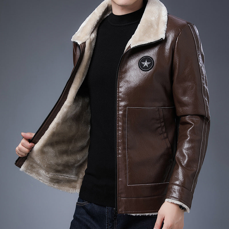 Herren Kunstleder‑Fliegerjacke mit durchgehendem Teddyfutter und Stehkragen EB
