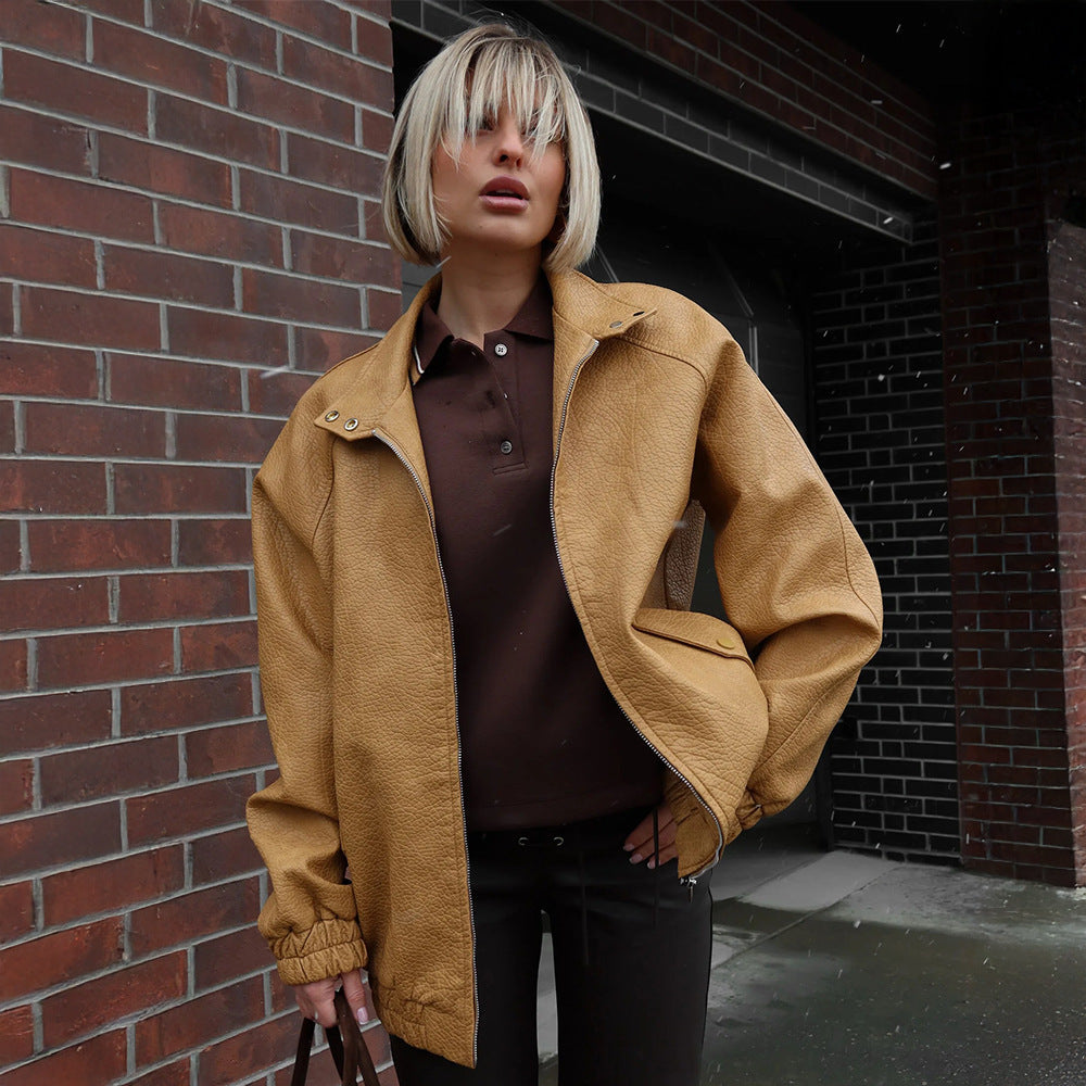 Damen Modische Kunstlederjacke mit lässigem Schnitt EB