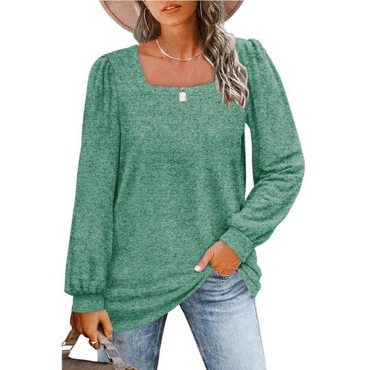 Damen Legerer Feinstrick-Pullover mit quadratischem Ausschnitt, Puffschulter und Bündchen EB