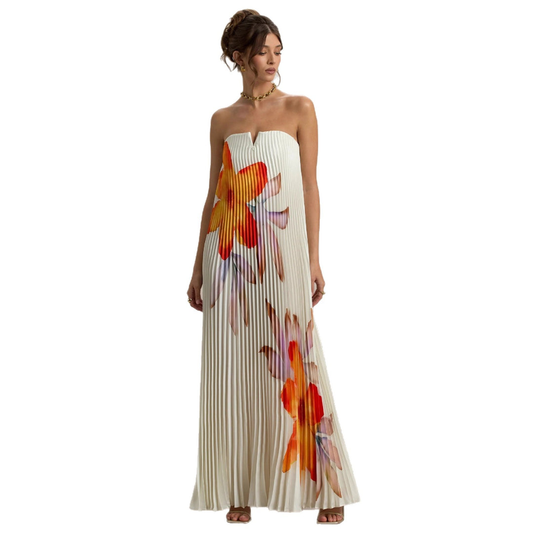 Damen Maxikleid mit plissiertem Design und floralem Druck EB