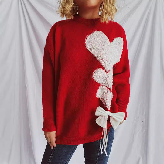 Damen Pullover mit herzförmigem Design und dekorativer Schleife EB