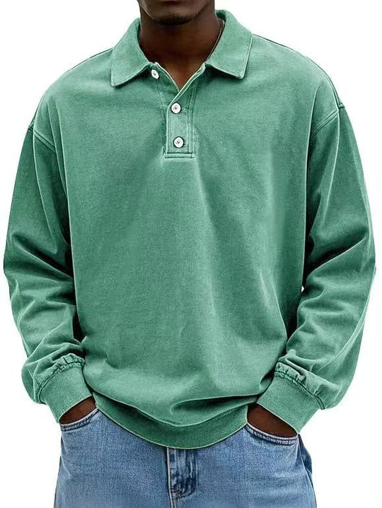 Herren nan lässiges Poloshirt-Sweatshirt mit Kragen, Vintage-Waschung und dreiteiliger Knopfleiste EB