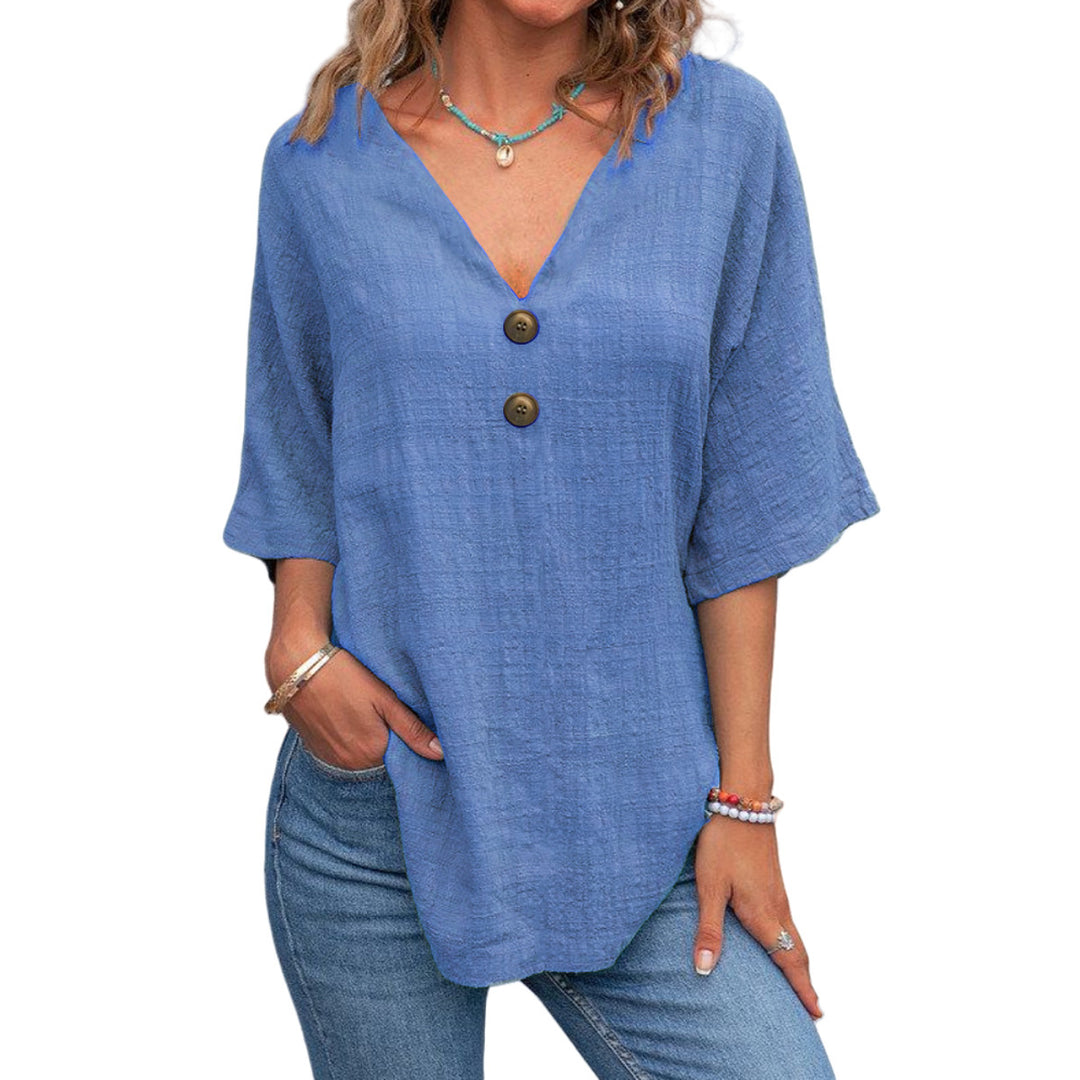 Damen V-Ausschnitt Bluse mit dekorativen Knöpfen und lässigem Schnitt EB