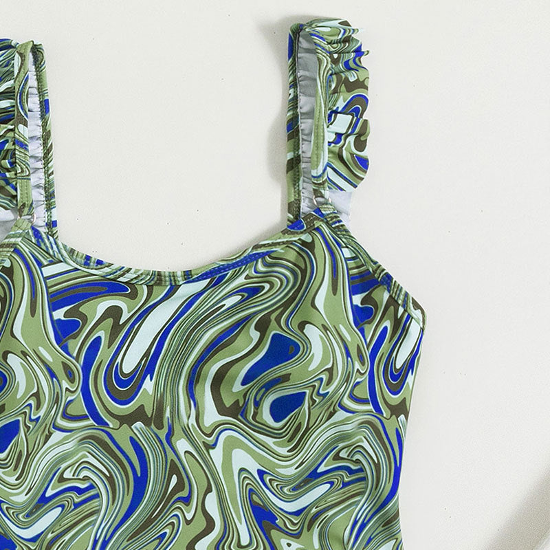 Damen verspielter Badeanzug mit Rüschendetails und Marmor-Design EB