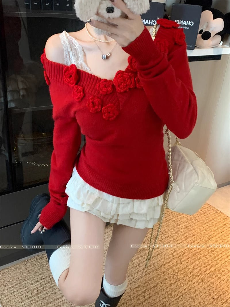 EB | Strickbluse mit Blumen-details V-ausschnitt und Feminine Passform Elegant und Sophisticated