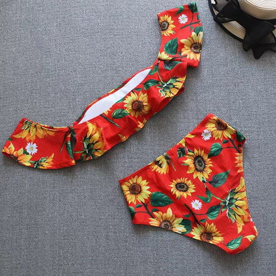 Damen Bikini-Set mit floralem Rüschendesign und hohem Taillenslip EB
