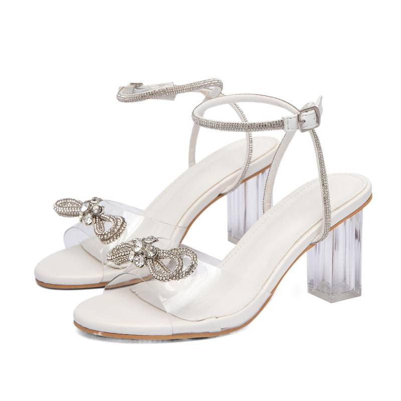 Damen glamouröse Sandalen mit glitzerndem Riemchen und transparentem Absatz EB