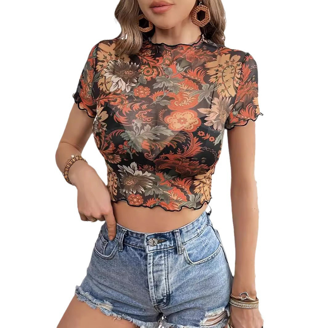 Damen Transparente Bluse mit floralen Akzenten EB