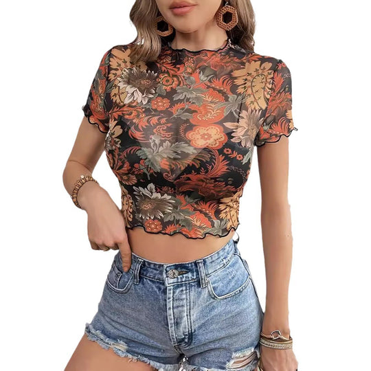 Damen Transparente Bluse mit floralen Akzenten EB