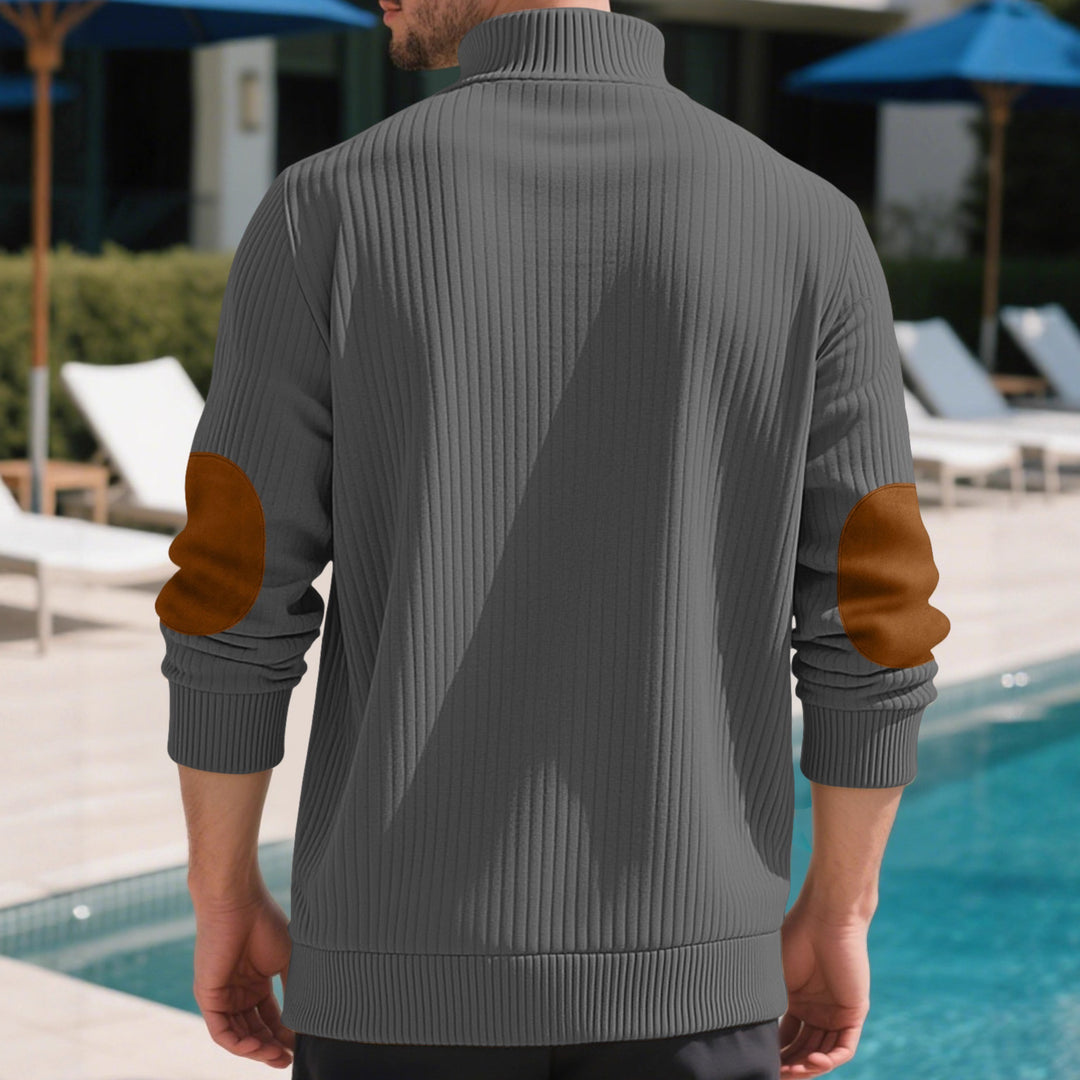 Herren nan Rippstrick-Halbknopf-Pullover mit Kentkragen und Lederbesatz EB