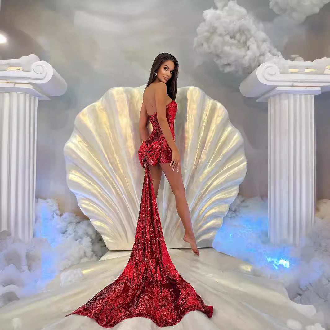 Damen Glitzerndes Abendkleid mit Schleppe und trägerlosem Design EB