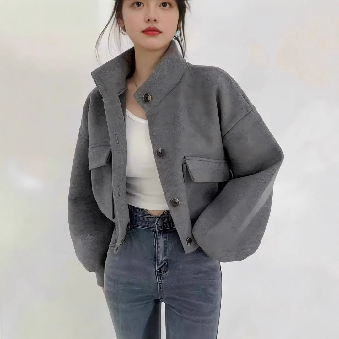 Damen Kurze Oversize-Wolloptik-Jacke mit Stehkragen und Ballonärmeln EB