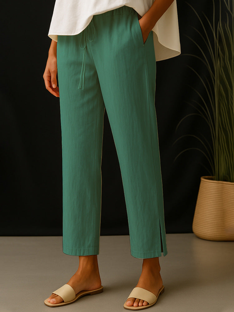 Damen Casual-Chino Leinenoptik Culotte mit elastischem Tunnelzugbund und Eingrifftaschen EB