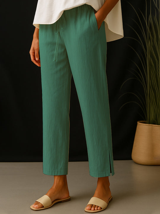 Damen Casual-Chino Leinenoptik Culotte mit elastischem Tunnelzugbund und Eingrifftaschen EB