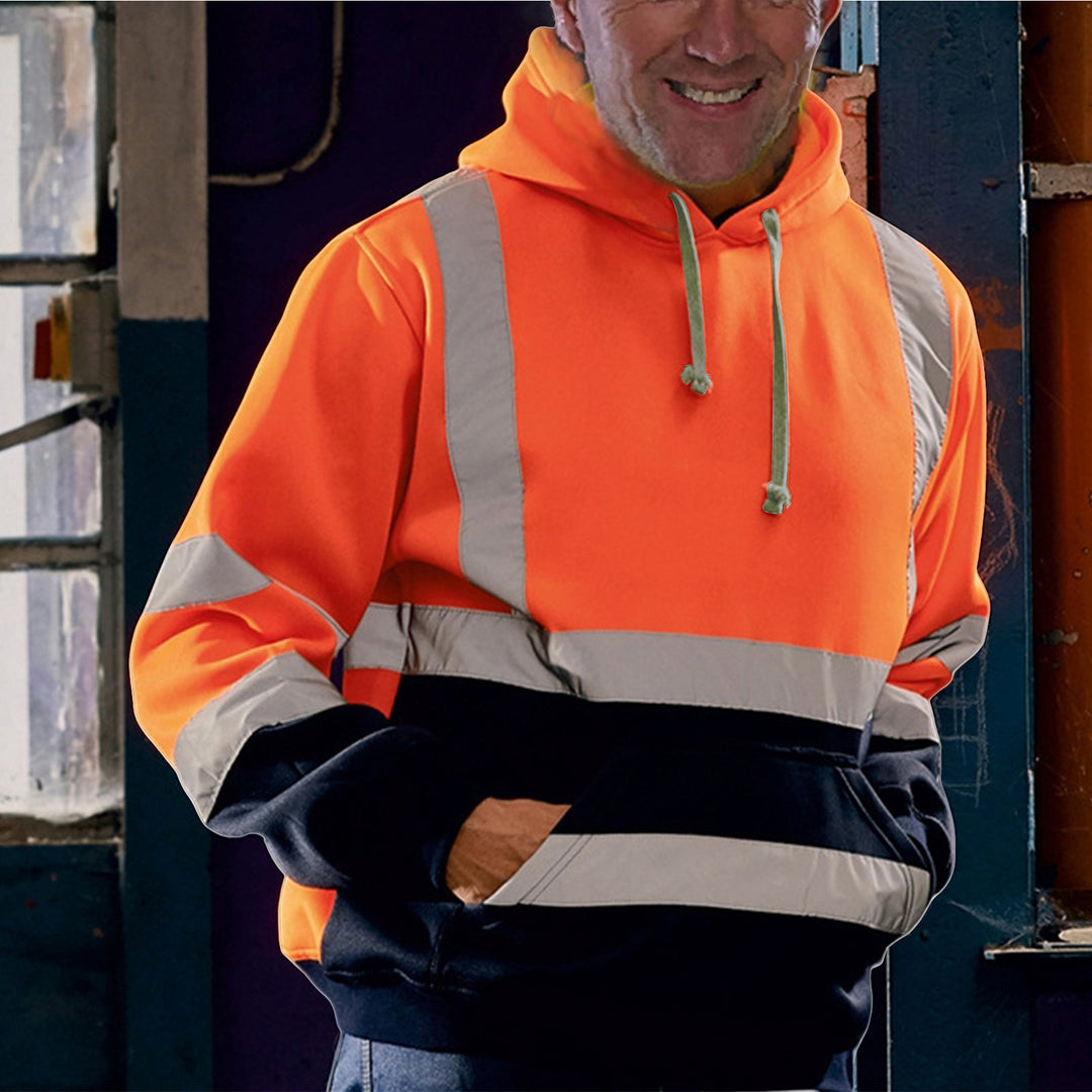 Herren nan reflektierende Sicherheits-Hoodie mit kontrastreichen Reflektorbändern, Kängurutasche und verstellbarer Kapuze EB